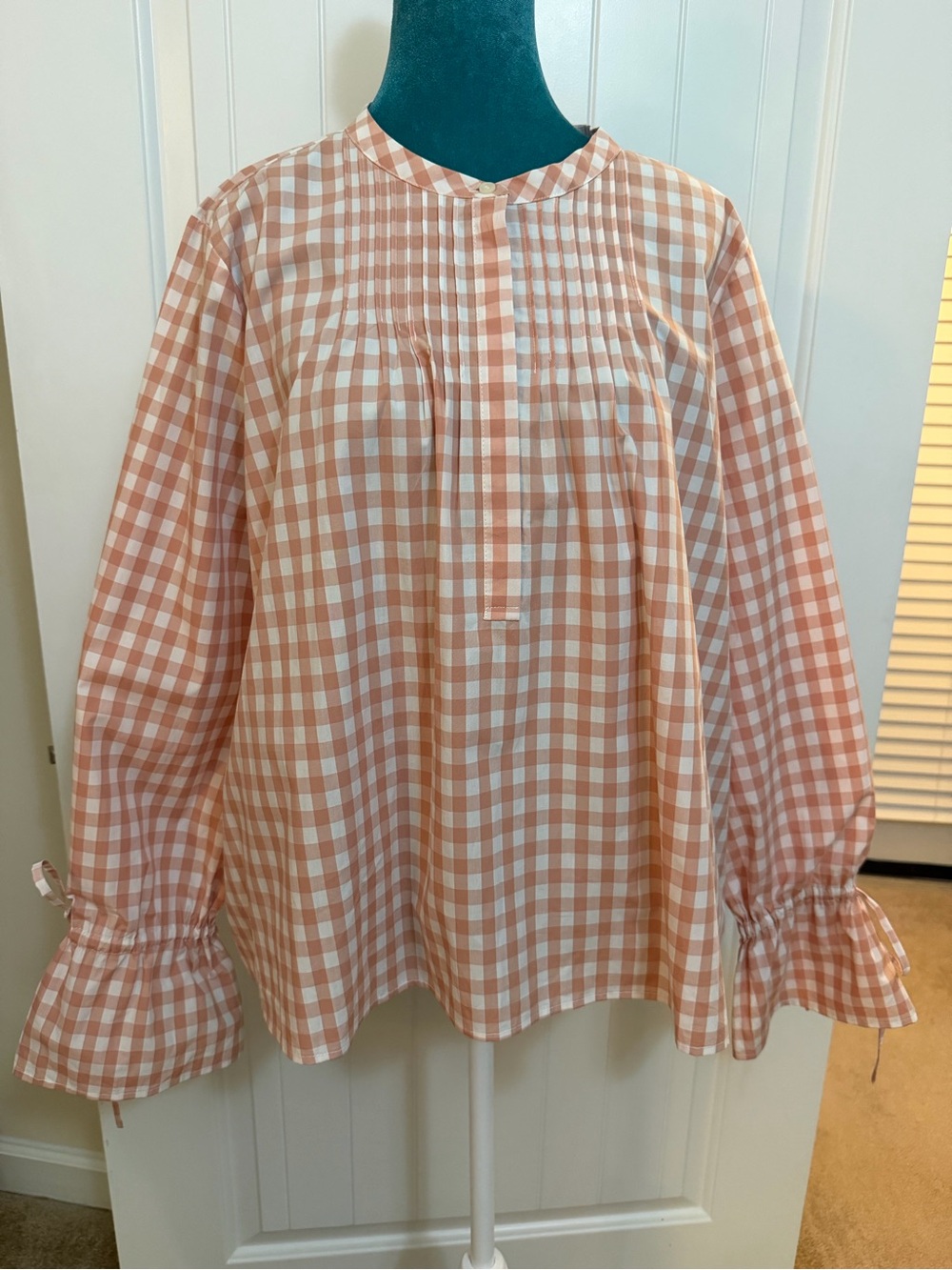 J. Crew Pink and White Gingham Pintuck Peasant Blouse with Tie Sleeves XXLarge